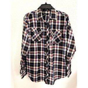 Fourcast Mens‎ Shirt Long Sleeve Collar Button Up Blue/Red Plaid Cotton Blend. M